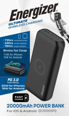 Produktbild von Energizer QE20009PQ, 20000 mAh, Lithium Polymer (LiPo), Kabelloses Aufladen, 20 W, Schwarz