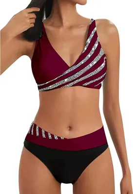 Image de ASKSA Ensemble Bikini Femme Push Up Deux Pièces Rayures Maillot de Bain de Sport Taille Haute, Rouge, S