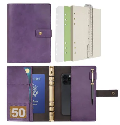 Image de Cahier à spirales A5, rechargeable, pour notes ou journal, en cuir, avec papier ligné, de couleur violette
