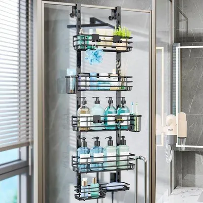 Produktbild von Ibenzoa® Hängende Duschablage aus Edelstahl – 5 verstellbare Körbe, 2 Zahnbürstenhalter & 4 Haken, bohrfreie platzsparende Bad‑Organisation