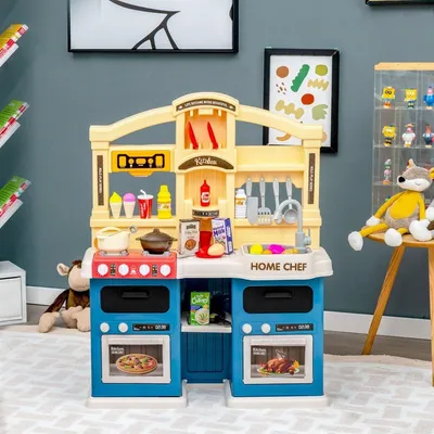 Image de Cuisine pour enfants de 69 pièces comprenant des accessoires, une cuisine de jeu avec lumières, vapeur, musique et son, bleu