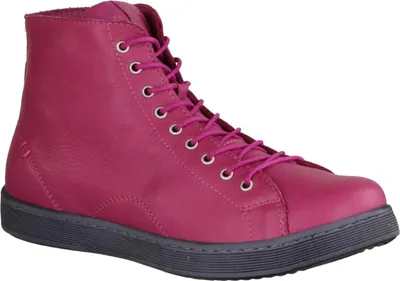 A single pink high-top boot is shown against a white background.