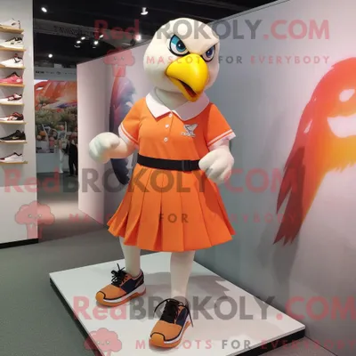 Produktbild von Maskottchenfigur REDBROKOLY eines Pfirsichadlers mit Minirock und Schuhclips