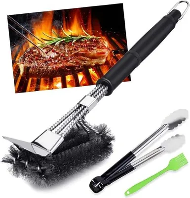 Image de Brosse de nettoyage pour barbecue, à long manche, avec 1 grille et 1 brosse à pâtisserie, pour tous les types de barbecues.