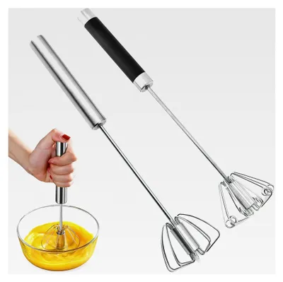 Produktbild von Halbautomatischer Schneebesen aus Edelstahl, 2 Stücke für die Küche, drehbarer Push-Mixer Rührer