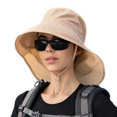 Immagine prodotto di Cappello da sole da donna, a tesa larga, con protezione del collo e protezione UV, apertura a coda di cavallo, per esterni, spiaggia, viaggi, beige, 56-58cm