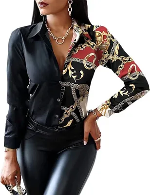 Produktbild von ASKSA Damen Bluse V-Ausschnitt Drucken Patchwork Hemd Elegant Button Tunika Langarm, Gelb Kette, L