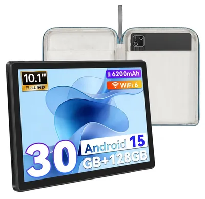 Obrázek produktu pro Tablet 10,1 palce, Android 15, 30 (6+24) GB RAM, 128 GB, rozšiřitelné o 1 TB TF, osmijádrový procesor, Widevine L1, 6200 mAh, Wi-Fi 6, včetně pouzdra