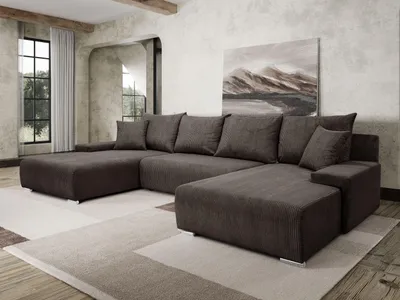 Obrázek produktu pro Margaret Hadas24 rohová pohovka Rohová pohovka Lauren 348x188cm ve tvaru U s funkcí spaní a lůžkovou skříní, 5 míst, úložný prostor na lůžkoviny, velká pohovka, rohová pohovka, manšestr, hnědá barva