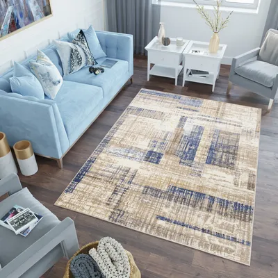 Produktbild von Teppich Wohnzimmer Schlafzimmer Kurzflor Modern Design Beige Blau Abstrakt Meliert 120 x 170 cm