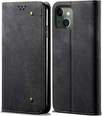 Produktbild von iPhone 14 Hülle, Denim Leder Brieftasche Magnetverschluss Flip Bookstyle Schutzhülle mit Standfunktion für iPhone 14 Schwarz