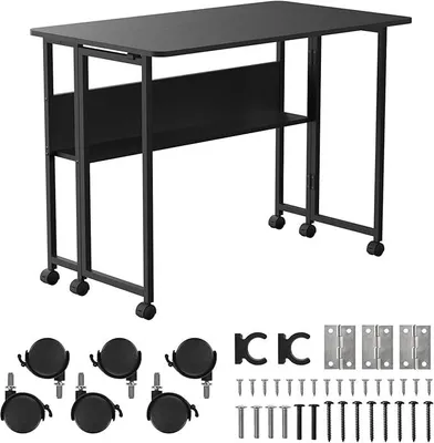 Zdjęcie produktu dla Składany biurko mobilne, 100x58 cm, z półką, stalowa konstrukcja, udźwig 50 kg, biurko komputerowe, biurko do pracy, biurko biurowe na kółkach (czarne)
