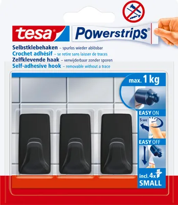 Produktbild von tesa Powerstrips Klebehaken Small Eckig - 3 x selbstklebende Wandhaken, schwarz