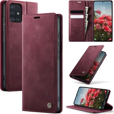 Obrázek produktu pro Kožené pouzdro pro Samsung Galaxy A51 4G, RFID ochranou, magnetickým zavíráním, přihrádkami na karty a funkcí stojánku Červený
