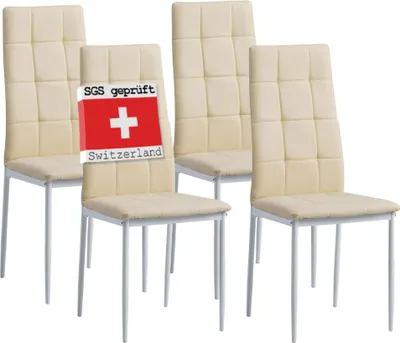 Four beige dining chairs are arranged in a row against a white background. One chair has a red and white sticker with text and a cross on it.