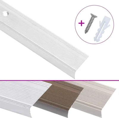 A close-up of an aluminum stair nosing profile with a hole for a screw, and a separate inset showing a screw and a wall plug.