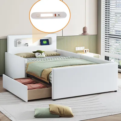 Produktbild von Flieks Polster-Kinderbett 90x200cm, PU Weiß, USB, LED, Rausfallschutz, Stauraumschublade, 200kg, 213x97x70cm