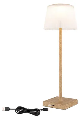 Zdjęcie produktu dla Lampa stołowa LED, ściemniacz dotykowy, akumulator USB, wygląd drewna, wys. 38 cm
