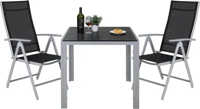Produktbild von Gartenmöbel Set - 3-teiliges Balkonset - 2 klappbare Stühle - Verstellbare hohe Rückenlehne - WPC Gartentisch - Aluminiumgestell - Grau Schwarz