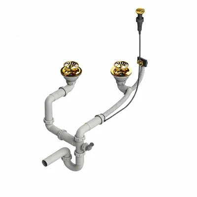Produktbild von QLS Automatischer Siphon Ablauf für Doppelbecken 3 1/2 Zoll Gold Edelstahl PVC 11433