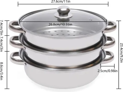 Produktbild von Edelstahl Dampfgarer Topf - 3-stöckiger Dampfkochtopf / Doppelkessel - Für Gas- und Induktionsherd - Glasdeckel - Stapelbarer Gemüse- und Seafooddämpfer - Silber