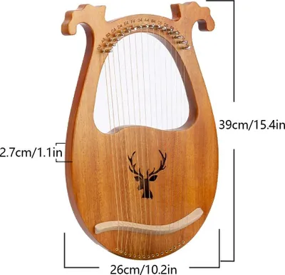 Image de Harpe lyrique rétro - 16 cordes - Acajou massif - Cordes acier - Clé d'accord & médiators - Cordes avec terminaison en boucle - STONE