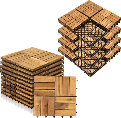Zdjęcie produktu dla Jayseuw 10 m² Płytki drewniane Płytki tarasowe Płytki drewniane Mozaika 30 x 30 cm Płytki balkonowe odporne na warunki atmosferyczne z drewna akacjowego z systemem zatrzaskowym do tarasu i balkonu 110 x