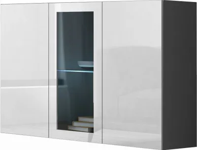 A modern, white and gray high-gloss sideboard or wall-mounted cabinet with a glass door and LED lighting.
