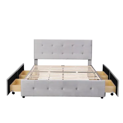 Produktbild von Polsterbett mit Lattenrost und 4 Schubladen, 140x200 cm, Doppelbett mit höhenverstellbarem Kopfteil, Samt