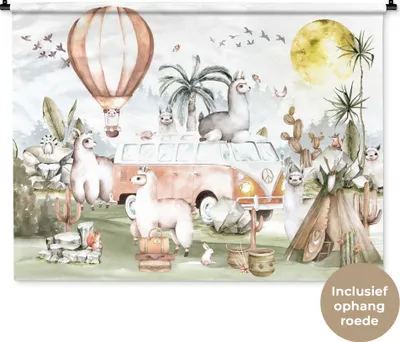 Produktbild von MuchoWow® Wandteppich Wandbehang Alpaka - Tiere - Kinder - Heißluftballon - Kinder 150x112 cm Tapisserie Dekoration Wandtuch - Wanddecke - Wandteppiche