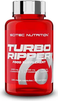 A red bottle of SCITEC Nutrition Turbo Ripper food supplement is shown against a white background.