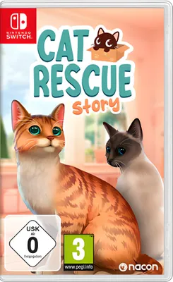 The image shows the front cover of a Nintendo Switch game case for 'Cat Rescue Story'. It features two cartoon cats, game title text, and age rating symbols.