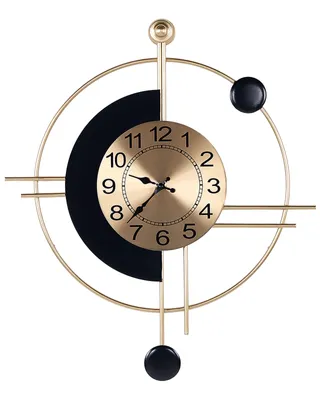 A modern geometric wall clock with gold and black metal accents.