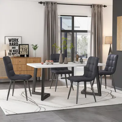 Produktbild von Essgruppe mit 4 Leinenstühlen, rechteckiger Esstisch 117cm & moderner Küchentisch für Esszimmer und Küche, Dunkelgrau/Schwarz