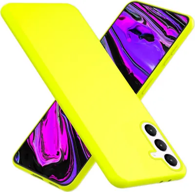 Two neon yellow phone cases are arranged in an X shape, with abstract purple and black designs visible on the screens of the phones inside the cases.