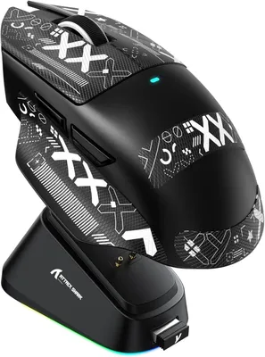 Produktbild von Maus mit magnetischer Ladestation, PixArt PAW3311 Gaming-Sensor, 25.000 DPI, 500-mAh-Akku, Bluetooth-/kabellos-/kabelgebunden, ergonomisch