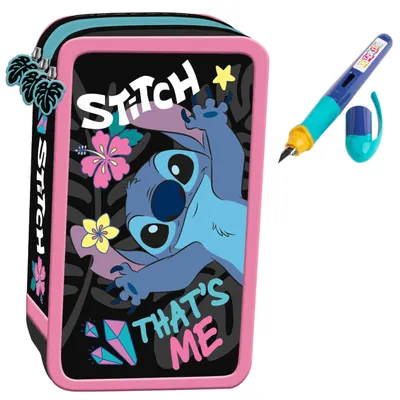 Produktbild von Goldkids - Federmäppchen 3 Fächer - Mäppchen für Mädchen - Federmappe 3-Fach Federtasche Gefüllte Schüleretui Schulmäppchen und Füller - Stitch