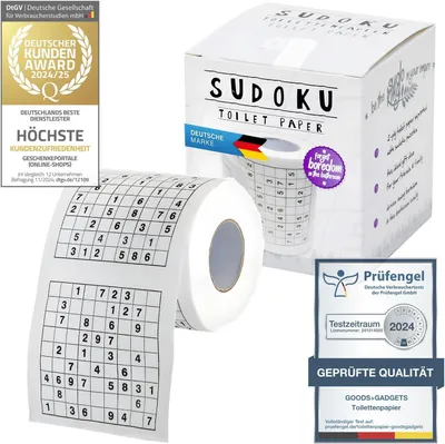 Produktbild von Sudoku Toilettenpapier bedruckt mit Rätsel | 2-lagiges Klopapier 200 Blatt | Lustiger Scherzartikel & witziges Geschenk für das Gäste-WC