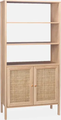 Produktbild von sweeek, Bücherregal Holzeffekt Natur, Rattangeflecht, 4 Ebenen, 2 Schranktüren mit Rohrgeflecht, 163x80x37cm, 33,1 kg