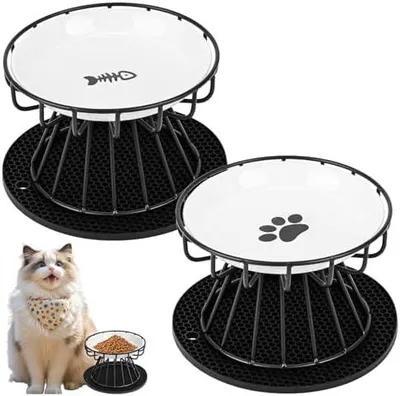 Produktbild von Katzennapf Erhöht, 2 Stück Katzennapf aus Keramik mit Napfunterlage Silikon Und Metallständer, Zervixschutz-Katzennapf, 15 cm Durchmesser,10cm Metallständer,Katzennäpfe für Futter Wasser