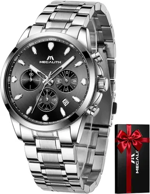 Image de Montre pour homme en acier inoxydable, chronographe analogique, étanche à 3 ATM, mouvement à quartz, date, index luminescents, montre-bracelet professionnelle, cadeau élégant