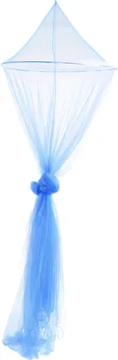 A light blue mosquito net hanging from a single point, with a knot tied in the fabric.