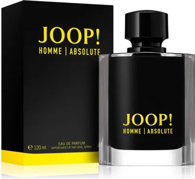 A black and yellow box and a black perfume bottle are shown against a white background.