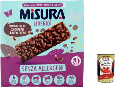 Produktbild von 6x Misura Snack Liberidì Kakao-Snack mit Getreide und Kakaobohnen, allergenfrei, 63 g + Italian Gourme tpolpa 400g