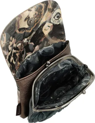 An open coin purse with a flap, showing the interior lining.