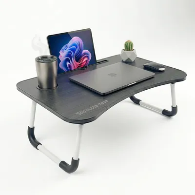 Zdjęcie produktu dla Stolik składany z uchwytem na kubek, przegródką na tablet i miejscem na laptopy do 43,9 cm, antypoślizgowy, wytrzymały do 20 kg
