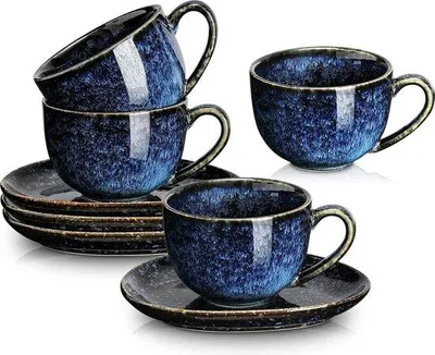 Image de Ensemble de 4 tasses à cappuccino en porcelaine avec soucoupes, capacité de 185 ml – idéal pour le latte, le café au lait, le mocha et le thé, couleur bleu nuit