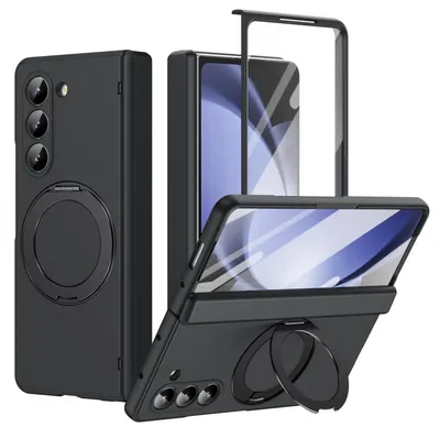 Produktbild von Magnetische Hülle für Samsung Galaxy Z Fold 5, mit Displayschutzfolie, Scharnierschutz mit Ringhalter und Ständer Schwarz