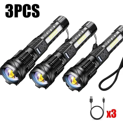 Produktbild von Wiederaufladbare LED-Taschenlampe mit XHP70-LED, COB-Seitenlicht, 7 Leuchtmodi und USB-C-Zoomfunktion