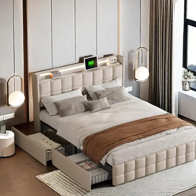 Zdjęcie produktu dla Łóżko podwójne 160 x 200 cm - Łóżko tapicerowane z oświetleniem LED - Stacja ładowania USB - 4 szuflady - Stelaż bez materaca - Wezgłowie z gniazdkiem - Rama łóżka